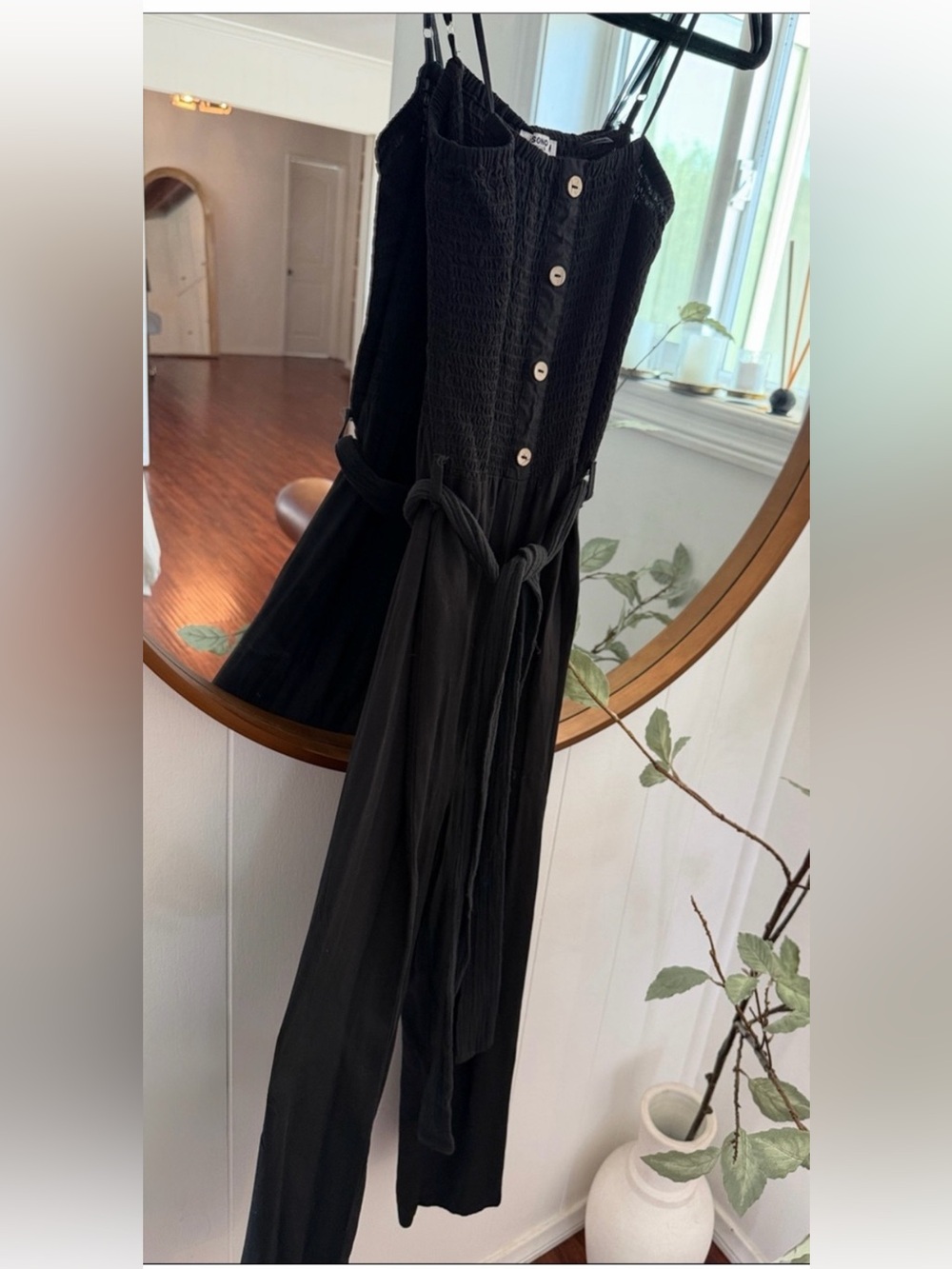 Ci Sono Black Smocked Button-Front Jumpsuit with Tie Waist
